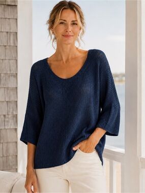 Poetry 100% Linen Open Knit Pullover Sweater Navy Medium